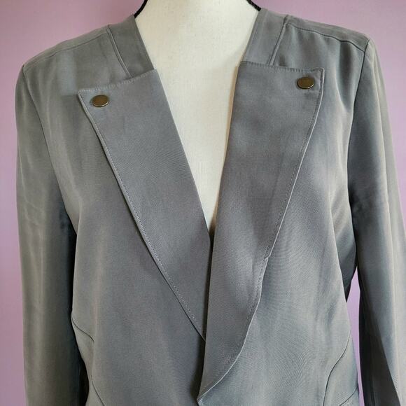 BCBGeneration Sage Green Open Front Buttoned Lapel Peplum Ruffle Hem Jacket - Picture 5 of 16